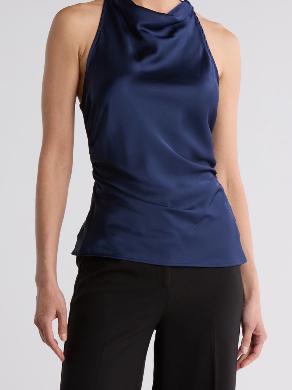 Renee C. Navy Satin Halter Cowl Neck Tank